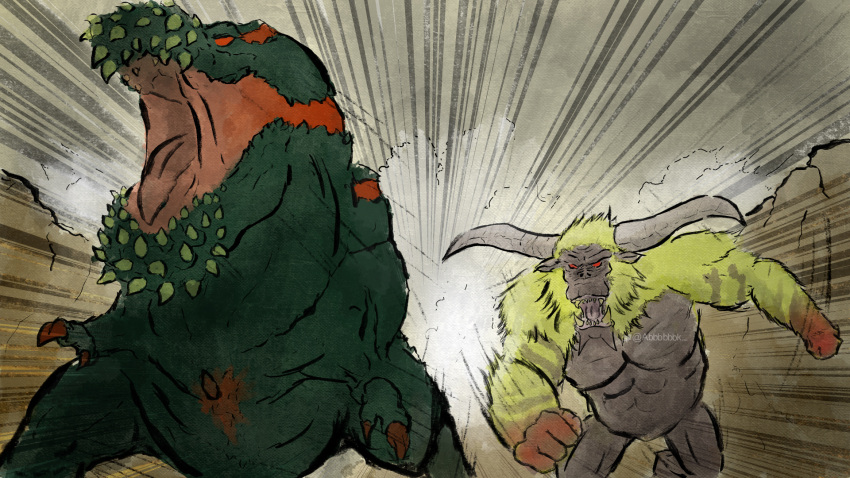 abbbbbbk claws colored_skin dark_skin deviljho emphasis_lines fat godzilla_(series) godzilla_vs._kong green_skirt highres horns king_kong_(series) meme monster monster_hunter_(series) monsterverse muscular no_humans open_mouth rajang red_eyes running skirt spikes strong