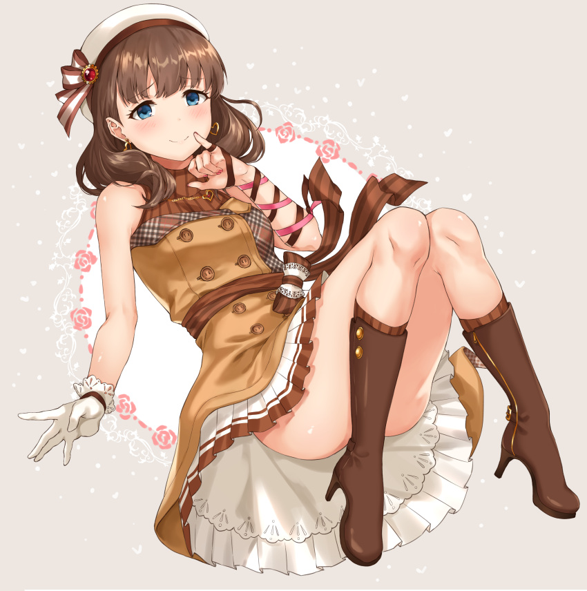 1girl absurdres arm_ribbon blue_eyes blush boots bow breasts brown_bow brown_footwear brown_hair brown_jacket brown_ribbon brown_socks brown_trim closed_mouth convenient_censoring dot_nose dress_bow floral_background gloves hand_up hat heart heart_necklace highres idolmaster idolmaster_cinderella_girls idolmaster_cinderella_girls_starlight_stage jacket jewelry knee_boots knees_together_feet_apart knees_up looking_at_viewer lying medium_breasts nail_polish necklace on_back pink_nails pink_ribbon pinky_out plaid plaid_jacket pleated_skirt ribbon sakuma_mayu short_hair shy single_glove sirurabbit skirt sleeveless sleeveless_jacket smile socks solo striped striped_bow white_background white_gloves white_headwear white_skirt