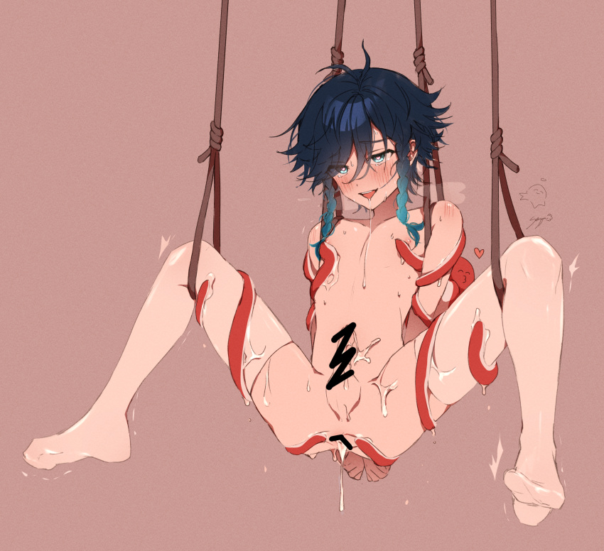 1boy bdsm black_hair blue_eyes blue_hair blush bondage bound braid brown_background censored drooling emoji genshin_impact gradient_hair heart heart-shaped_pupils highres ice_s_s_z male_focus multicolored_hair no_shoes open_mouth penis short_hair_with_long_locks simple_background smile solo squid swept_bangs symbol-shaped_pupils tentacles tentacles_on_male thighhighs twin_braids venti_(genshin_impact) white_thighhighs