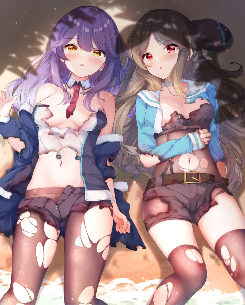 2girls absurdres aqua_jacket azur_lane beret black_shorts black_thighhighs brown_eyes brown_hair burnt_clothes crop_top detached_collar fuuna hair_ornament hairclip hand_on_own_stomach hat highres jacket kimberly_(azur_lane) long_hair looking_at_viewer lying midriff mullany_(azur_lane) multiple_girls navel necktie off_shoulder on_back open_clothes open_fly open_jacket pantyhose pantyhose_under_shorts purple_hair red_necktie sailor_collar shade short_necktie short_shorts shorts thighhighs torn_clothes torn_pantyhose torn_thighhighs unworn_headwear zipper