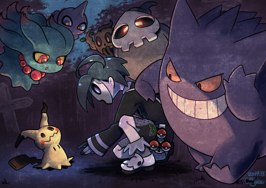 1boy absurdres ahoge allister_(pokemon) black_hair black_shirt black_shorts blue_eyes colored_sclera coogee dated duskull forest gengar ghost glowing glowing_eyes grin highres long_sleeves male_focus mask mimikyu misdreavus nature night phantump poke_ball poke_ball_(basic) pokemon pokemon_(game) pokemon_swsh red_eyes shirt short_hair shorts shuppet signature smile squatting tombstone white_footwear yellow_sclera