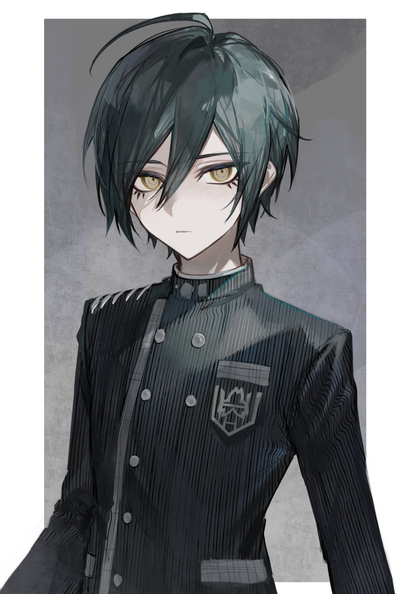 1boy ahoge black_hair border breast_pocket buttons danganronpa_(series) danganronpa_v3:_killing_harmony double-breasted grey_background highres jacket male_focus pocket saihara_shuichi short_hair solo striped striped_jacket upper_body white_border zaso