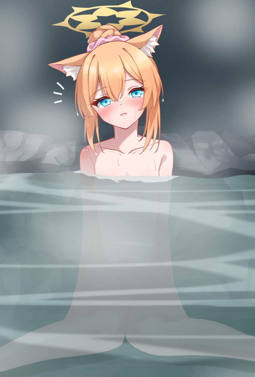 absurdres alternate_hairstyle animal_ears blonde_hair blue_archive blue_eyes blush breasts cat_ears collarbone commentary_request dark_background halo highres kabocya_na looking_at_viewer mari_(blue_archive) nude onsen open_mouth rock simple_background sitting small_breasts steam steaming_body sweat water