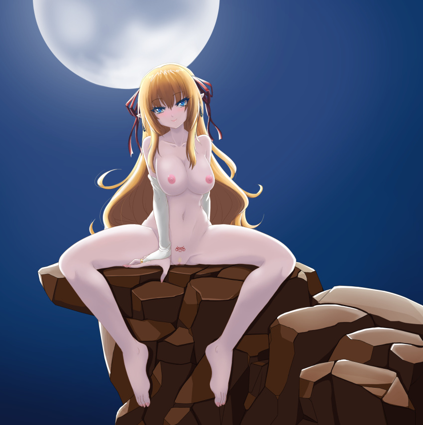 1girl blonde_hair blue_eyes breasts bridal_gauntlets cliff commentary_request completely_nude enoko_(zqfebi) full_body full_moon highres large_breasts long_hair moon nipples nude original pubic_tattoo pussy sitting smile solo spread_legs tattoo