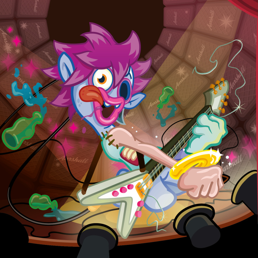 1_eye action_pose ambiguous_gender beverage bodily_fluids bottle bracelet container cracks detailed_background drooling eye_socket guitar hair hi_res humanoid humanoid_pointy_ears jewelry missing_eye monster_(moshi_monsters) moshi_monsters musical_instrument not_furry official_art on_model open_mouth open_smile patchwork_monster playing_guitar playing_music plucked_string_instrument pose ribs ross_mccaughey saliva seam_(sewing) smile solo sparkles spiky_hair stage stitch_(sewing) string_instrument teeth tongue tongue_out toony undead zombie zommer zommer_(species)