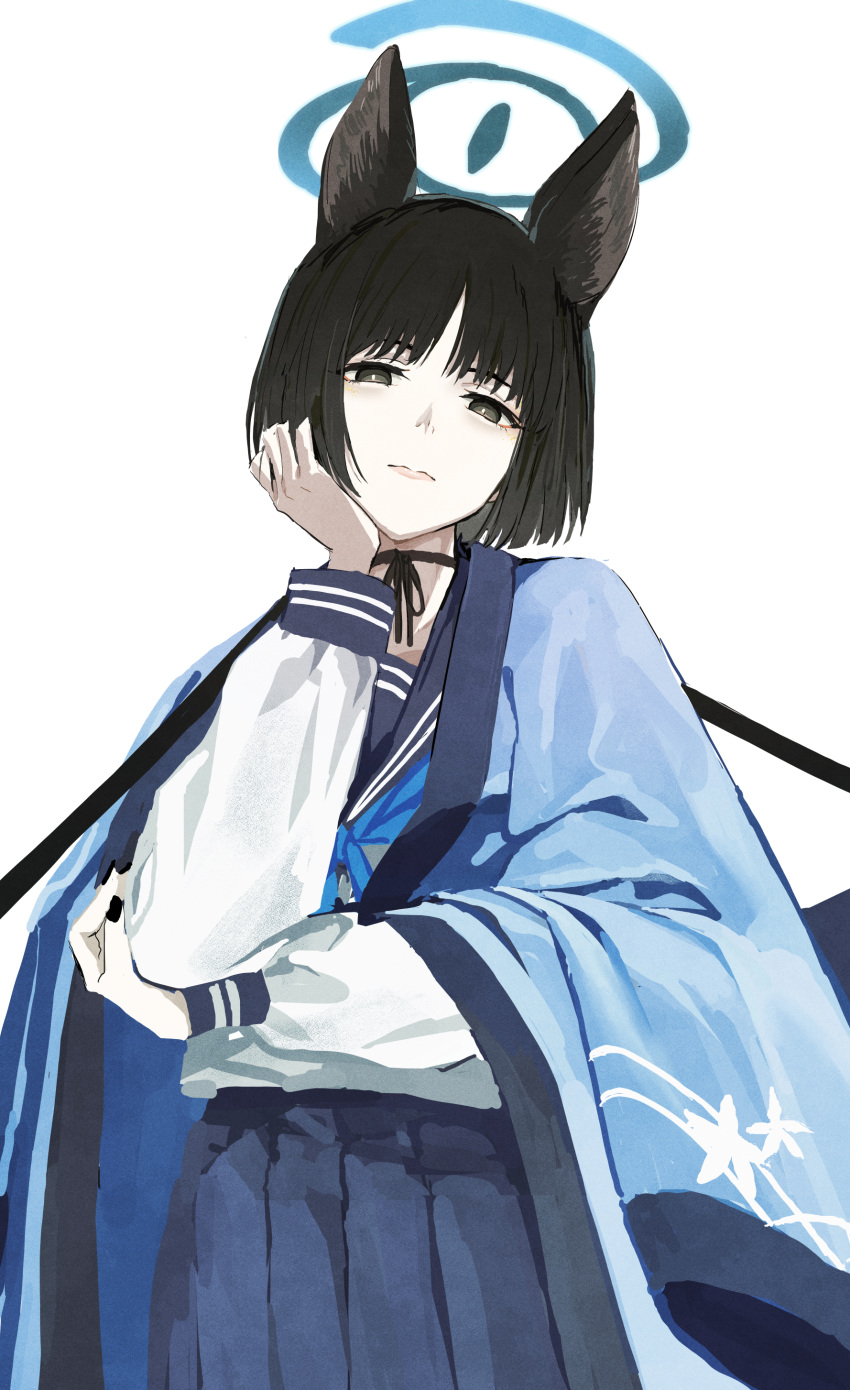 1girl absurdres animal_ears black_eyes black_hair black_nails blue_archive blue_kimono blue_neckerchief blue_skirt choker closed_mouth elbow_rest half-closed_eyes halo hand_in_own_hair hand_on_own_cheek hand_on_own_face highres japanese_clothes kikyou_(blue_archive) kimono kimono_on_shoulders long_sleeves looking_at_viewer neckerchief ningen_(ningen96) ribbon_choker sailor_collar shirt short_hair simple_background skirt solo upper_body white_background white_shirt