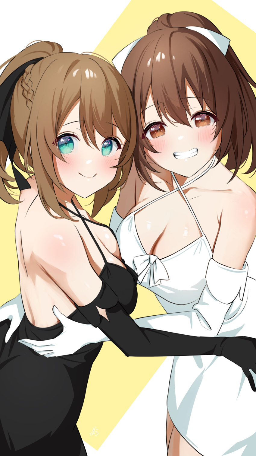 2girls absurdres aogiri_koukou backless_dress backless_outfit black_dress black_gloves blue_eyes blush braid breasts brown_eyes brown_hair cleavage closed_mouth collarbone dress elbow_gloves gloves hand_on_another's_hip highres indie_virtual_youtuber kkix25 kurikoma_komaru large_breasts looking_at_viewer multiple_girls ponytail simple_background sleeveless sleeveless_dress smile teeth white_dress white_gloves