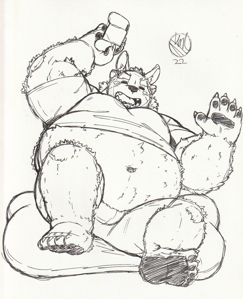 anthro belly blush bottomwear clothing controller eyebrows game_controller hi_res lexor_komuga lifewonders male navel overweight pawpads shorts sketch smile solo thick_eyebrows tokyo_afterschool_summoners tsathoggua