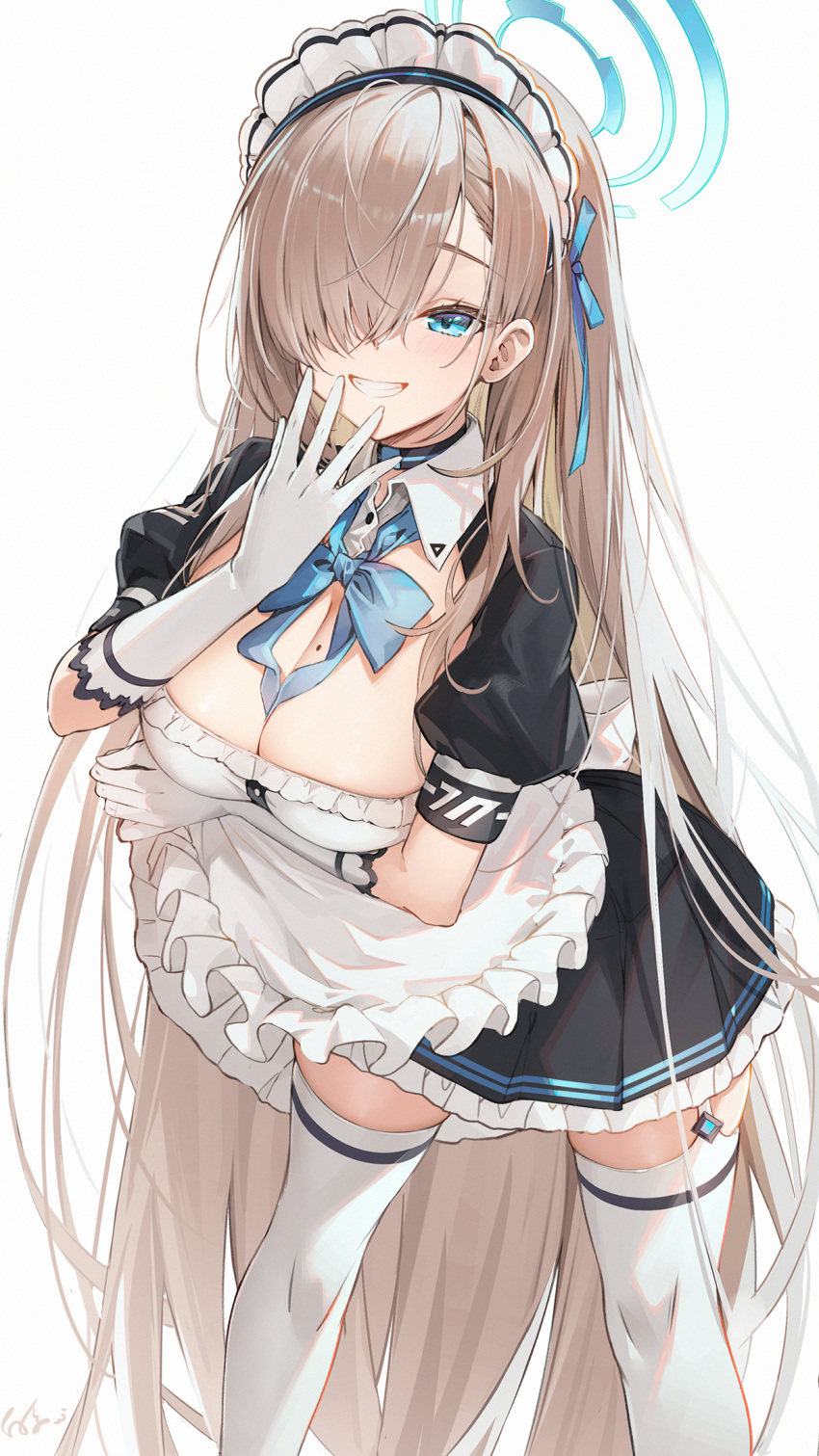 1girl apron asuna_(blue_archive) baisi_shaonian blue_archive blue_bow blue_bowtie blue_eyes blue_halo blush bow bowtie breasts cleavage collar commentary_request garter_straps gloves grin hair_over_one_eye halo highres large_breasts long_hair looking_at_viewer maid maid_apron maid_headdress mole mole_on_breast smile solo thighhighs very_long_hair white_background white_gloves white_thighhighs