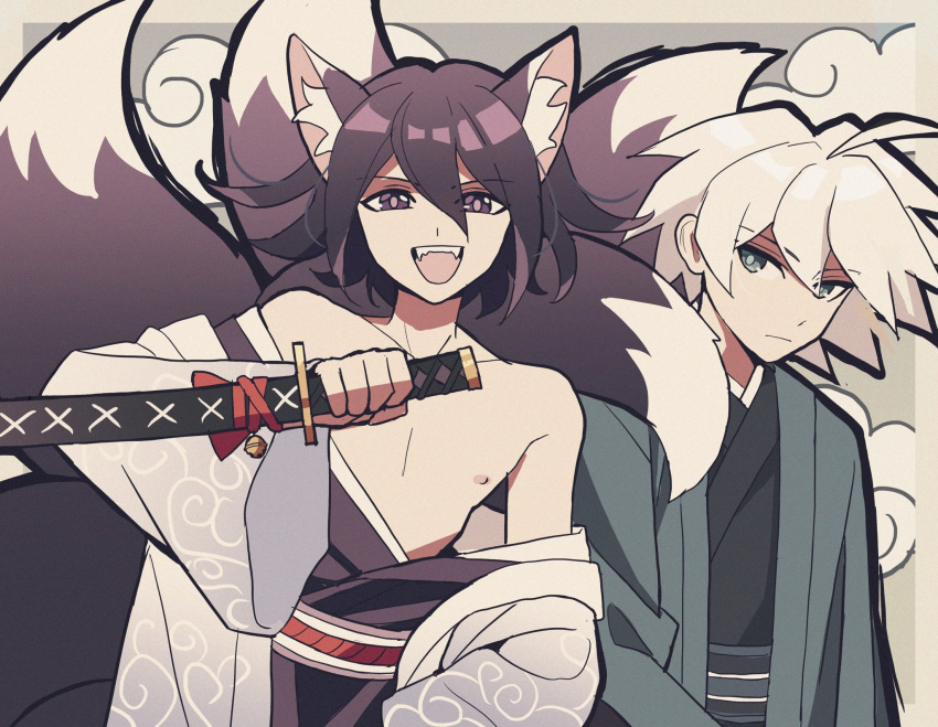 2boys :d alternate_costume animal_ears bangs bare_shoulders black_eyes black_hair black_kimono cheer_(cheerkitty14) closed_mouth collarbone danganronpa_(series) danganronpa_v3:_killing_harmony fox_ears fox_tail grey_eyes grey_hair highres holding holding_sword holding_weapon japanese_clothes katana keebo kimono male_focus medium_hair multiple_boys nipples ouma_kokichi sheath sheathed smile sword tail teeth upper_teeth_only weapon