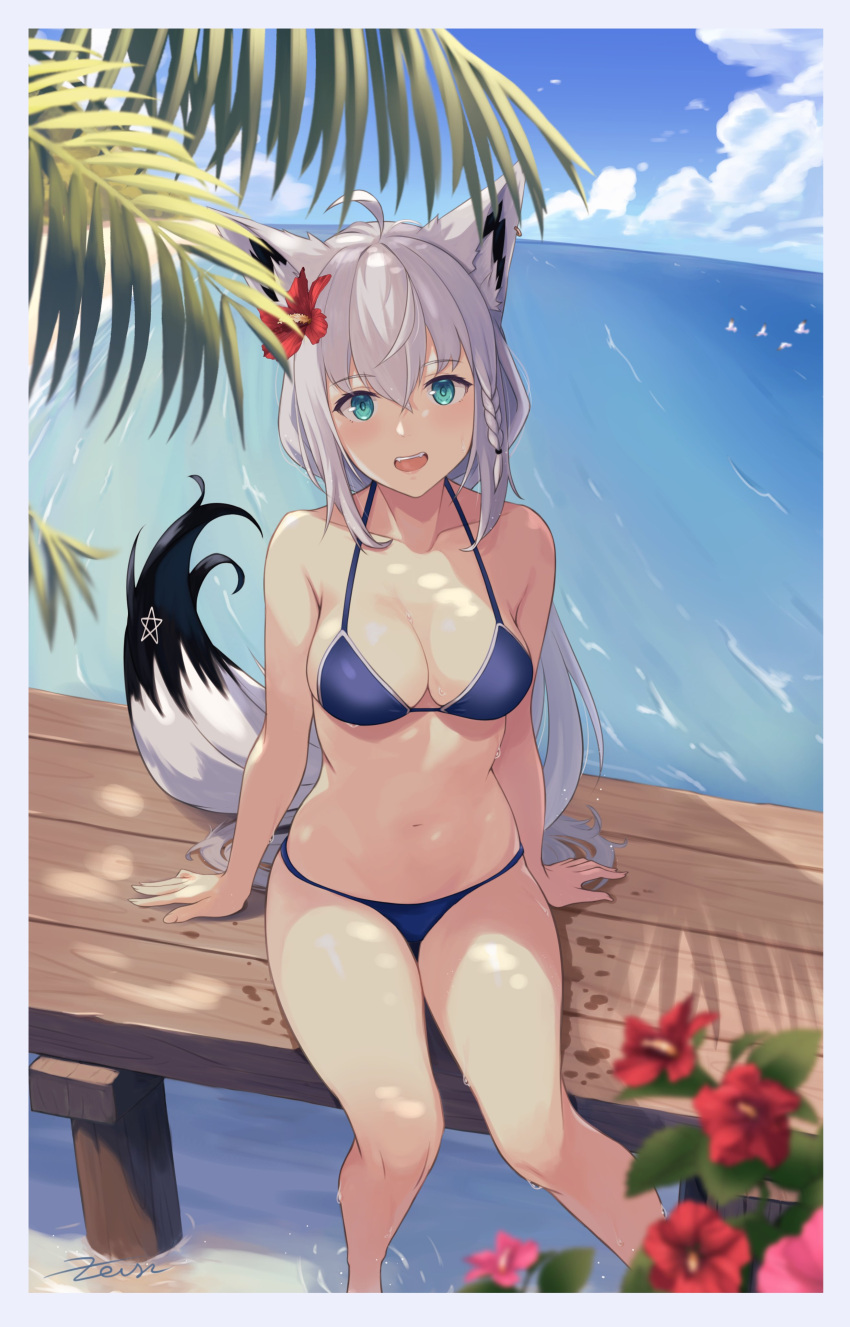 1girl :d absurdres ahoge animal_ear_fluff animal_ears bare_arms bare_legs bare_shoulders bikini blue_bikini blue_sky blurry blurry_foreground border braid breasts cloud day depth_of_field feet_out_of_frame flower fox_ears fox_girl fox_tail hair_between_eyes hair_flower hair_ornament highres hololive horizon light_blush long_hair looking_at_viewer medium_breasts navel ocean outdoors palm_tree pentagram red_flower shirakami_fubuki side_braid signature single_braid sitting sky smile solo stomach string_bikini swimsuit tail teeth tree upper_teeth_only very_long_hair virtual_youtuber white_border white_hair zeiss