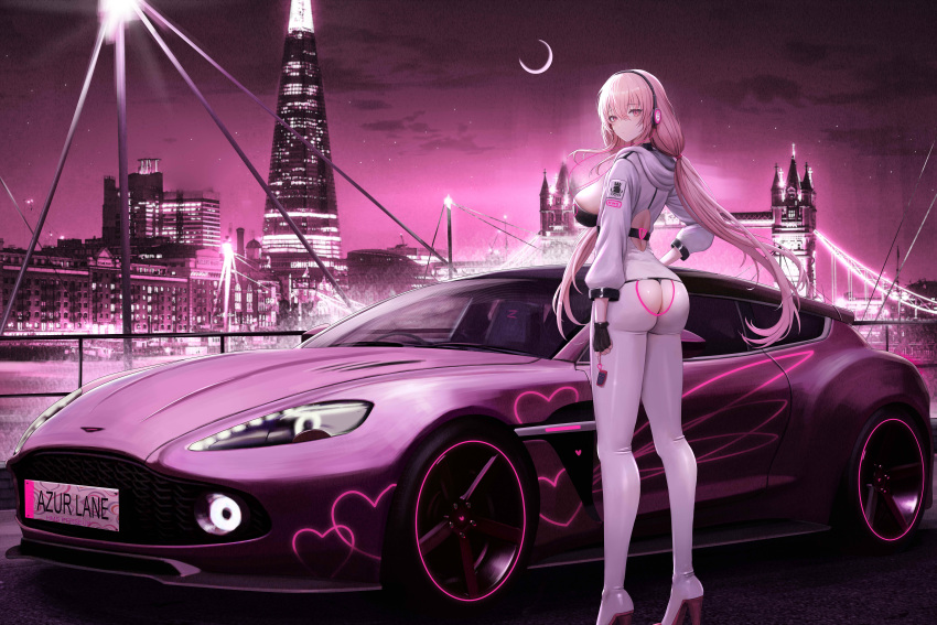 1girl absurdres alternate_costume ass ass_cutout aston_martin azur_lane back_cutout bikini black_bikini black_gloves boots breasts car cleavage closed_mouth clothing_cutout commentary england fingerless_gloves floating_hair from_behind full_body gloves hair_between_eyes hand_on_own_hip headphones high_heel_boots high_heels highres jacket kcar66t large_breasts london long_hair looking_at_viewer motor_vehicle night outdoors perseus_(azur_lane) photo_background pink_eyes pink_hair race_queen real_world_location royal_navy_emblem_(azur_lane) sidelocks solo standing swimsuit tower_bridge_(london) twintails united_kingdom vehicle_request white_footwear white_jacket
