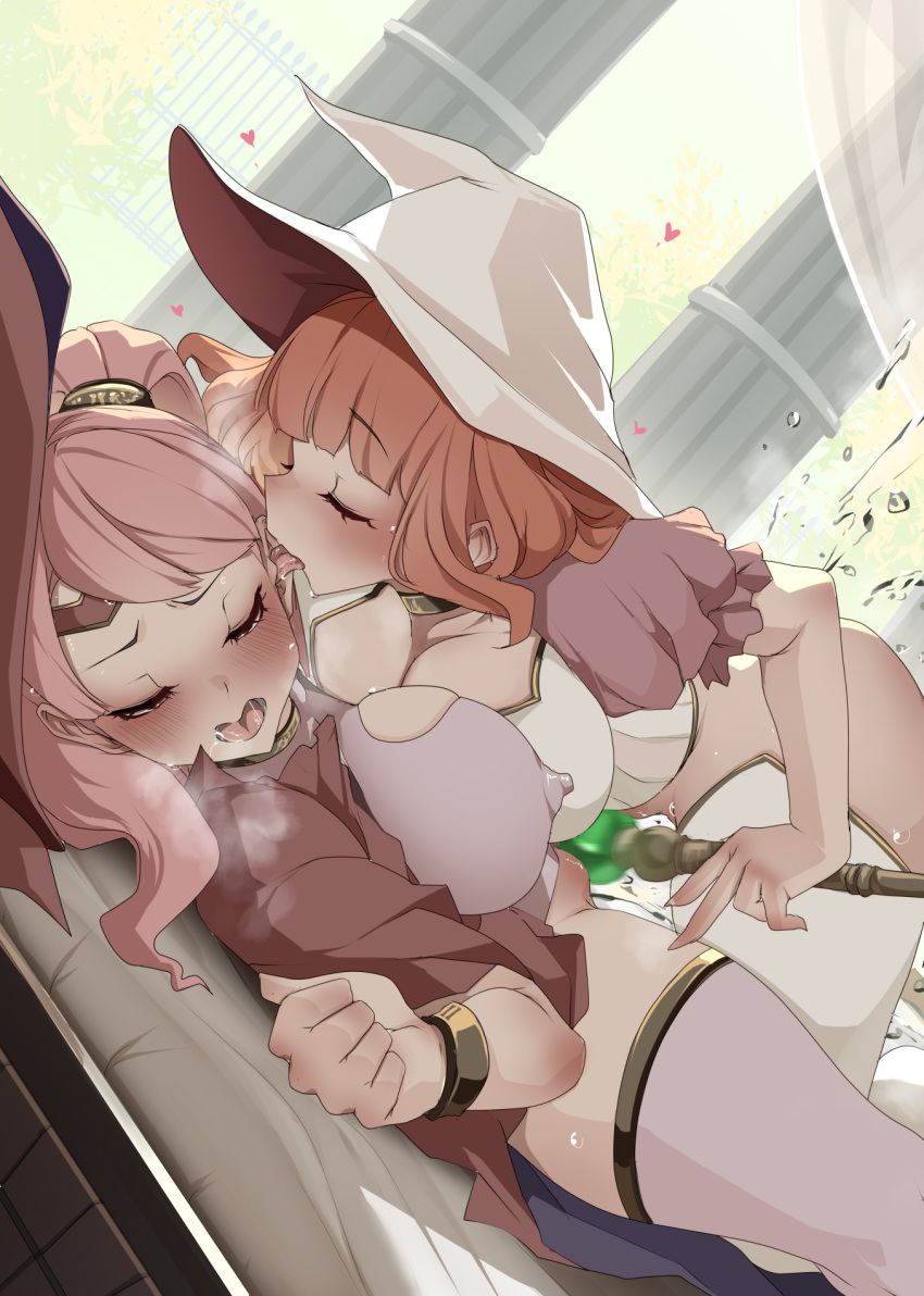 2girls blush breasts celica_(fire_emblem) closed_eyes commentary_request commission covered_nipples fire_emblem fire_emblem_echoes:_shadows_of_valentia highres large_breasts licking licking_ear lower_teeth_only mae_(fire_emblem) monobe_yuri multiple_girls open_mouth skeb_commission teeth tongue tongue_out yuri