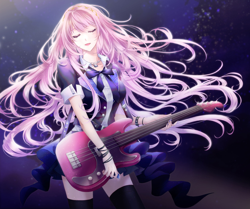 1girl bass_guitar belt belt_buckle black_belt black_thighhighs blue_skirt bow bowtie bracelet breasts buckle buttons chain_necklace closed_eyes collarbone collared_shirt commentary cowboy_shot electric_guitar floating_hair guitar hair_ornament highres holding holding_instrument holding_plectrum instrument jacket jewelry light_blush long_hair loose_bowtie medium_breasts megurine_luka necklace night night_sky open_mouth pink_hair plectrum project_sekai purple_bow purple_bowtie sapphirez39 shirt short_sleeves skirt sky solo star_(sky) starry_sky thighhighs very_long_hair vocaloid white_shirt zettai_ryouiki
