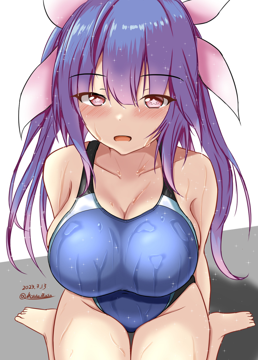 1girl alternate_costume black_one-piece_swimsuit blue_hair blue_one-piece_swimsuit competition_swimsuit covered_navel dated flower-shaped_pupils hair_ribbon highleg highleg_swimsuit highres i-19_(kancolle) impossible_clothes impossible_swimsuit kantai_collection montemasa multicolored_clothes multicolored_swimsuit one-hour_drawing_challenge one-piece_swimsuit ribbon school_swimsuit sitting solo swimsuit symbol-shaped_pupils torpedo tri_tails twintails twitter_username two-tone_swimsuit wariza wet wet_clothes wet_swimsuit