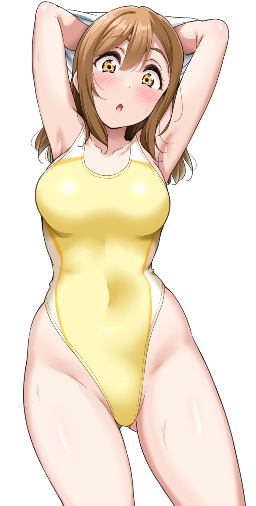 1girl :o armpits arms_up ass_visible_through_thighs blush breasts brown_hair collarbone commentary competition_swimsuit hair_between_eyes highleg highleg_swimsuit highres kunikida_hanamaru long_hair looking_at_viewer love_live! love_live!_sunshine!! medium_breasts one-piece_swimsuit open_mouth simple_background solo sweat swimsuit two-tone_swimsuit white_background wide-eyed yellow_eyes yopparai_oni