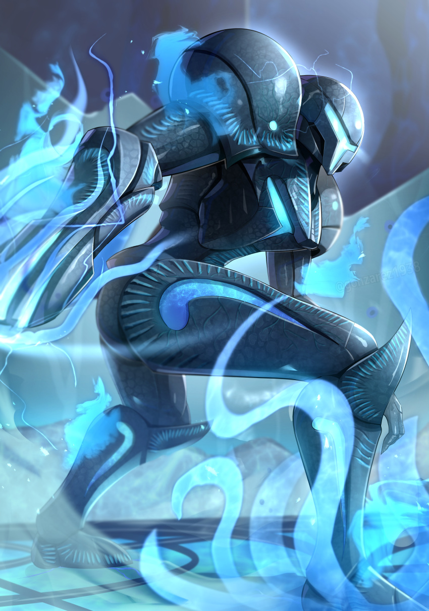 1girl absurdres arm_cannon armor cable commentary_request dark_samus electricity energy full_armor glowing glowing_eyes gonzarez helmet highres metroid metroid_prime metroid_prime_3:_corruption phazon power_armor power_suit power_suit_(metroid) science_fiction solo standing visor_(armor) weapon