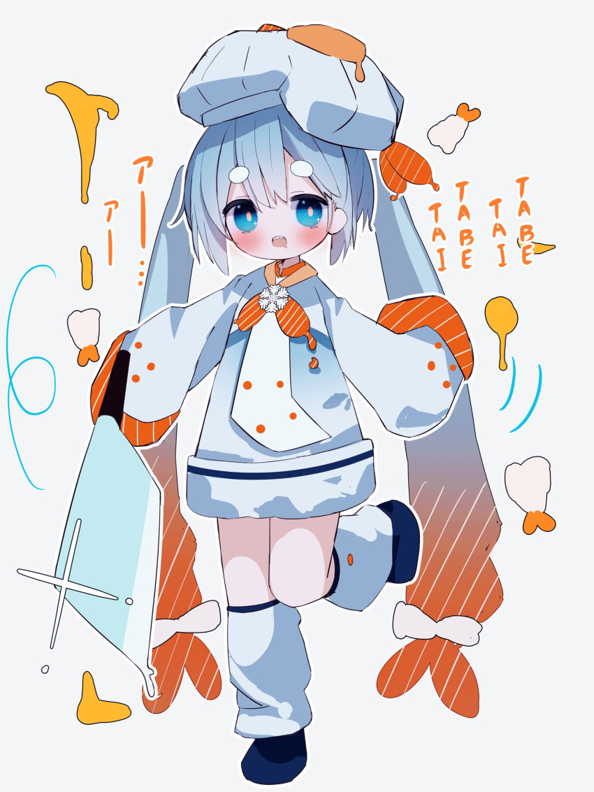 1girl black_footwear blue_eyes blue_hair borrowed_design butter chef_hat cleaver dress dripping drooling food full_body gradient_hair grey_background hat hatsune_miku highres holding holding_knife knife leg_warmers light_blue_hair looking_at_viewer motion_lines mouth_drool multicolored_hair neckerchief open_mouth orange_hair orange_neckerchief romaji_text shrimp shrimp_tempura sleeves_past_fingers sleeves_past_wrists snowflake_ornament solo sparkle standing standing_on_one_leg striped_hair striped_neckerchief striped_sleeves syare_0603 tempura translated two-tone_hair vocaloid white_dress white_headwear yuki_miku