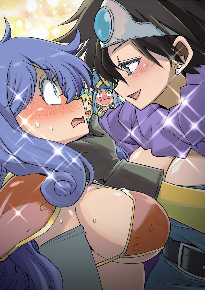 4girls animal_ears armor belt belt_buckle bikini_armor black_gloves black_hair blonde_hair blue_eyes blue_gemstone blue_hair blue_leotard blush breasts buckle circlet cleavage cloak commentary_request curly_hair dragon_quest dragon_quest_iii earrings elbow_gloves eye_contact eyelashes fake_animal_ears from_side gem gloves hand_on_another's_chin heroine_(dq3) highres jester_(dq3) jewelry kabedon large_breasts leotard long_hair looking_at_another multiple_girls muramasa_mikado open_mouth playboy_bunny priest_(dq3) profile purple_hair rabbit_ears red_armor short_hair shoulder_armor soldier_(dq3) sparkle stud_earrings surprised sweatdrop warrior wide-eyed yellow_gloves yuri