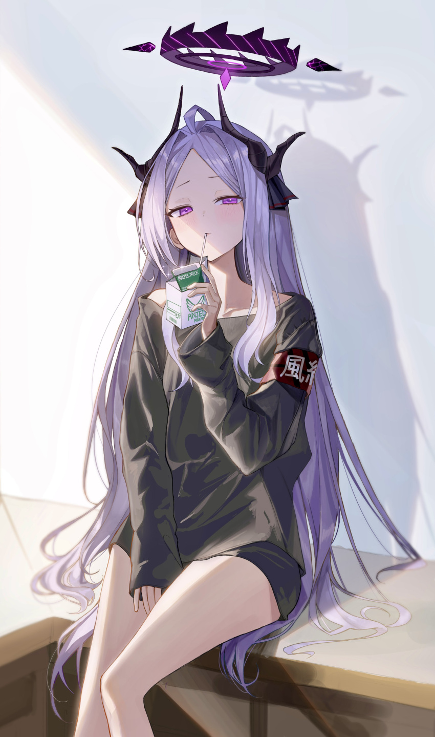 1girl absurdres ahoge armband black_shirt blue_archive blush demon_horns drink drinking_straw duplicate halo highres hina_(blue_archive) holding holding_drink horns kuren_kren long_hair long_sleeves looking_at_viewer milk_carton multiple_horns parted_bangs pixel-perfect_duplicate purple_eyes purple_hair red_armband shadow shirt sidelocks sitting sleeves_past_wrists solo sunlight upper_body very_long_hair