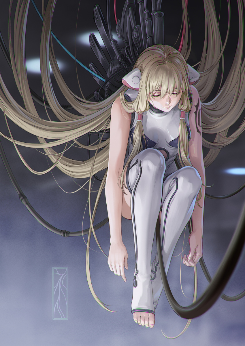1girl absurdres android arm_tattoo bare_arms bare_shoulders blonde_hair bodysuit breasts cable chobits closed_eyes closed_mouth freya_(chobits) hair_tubes hanging highres kotikomori long_hair mechanical_spine robot_ears small_breasts solo tattoo thighhighs tiptoes very_long_hair white_bodysuit white_thighhighs