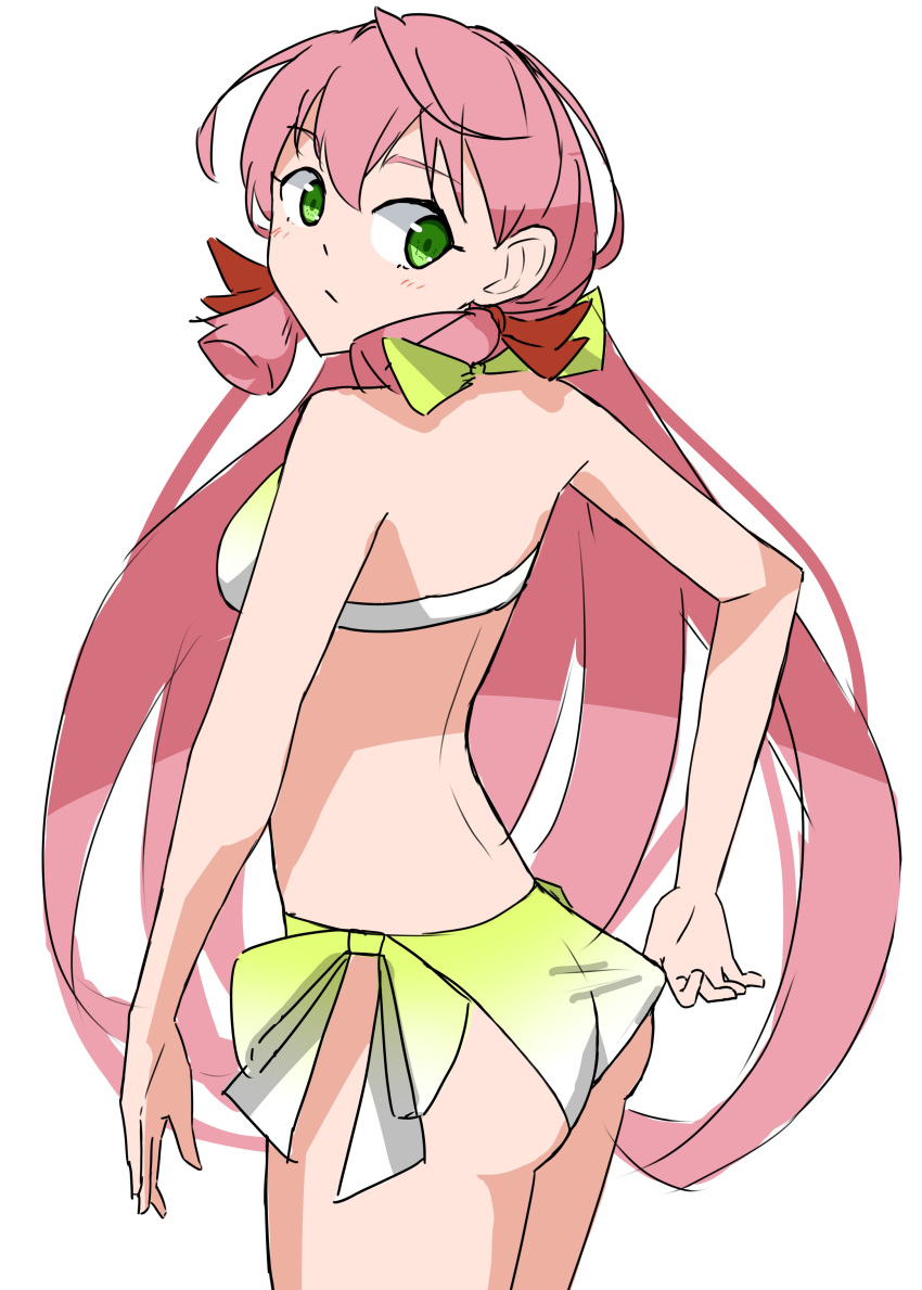 1girl absurdres akashi_(kancolle) ass bikini blunt_tresses breasts commentary_request from_behind gradient_bikini green_eyes hair_ribbon hamukiyo highres kantai_collection long_hair looking_at_viewer medium_breasts official_alternate_costume pink_hair ribbon side-tie_bikini_bottom simple_background smile solo standing swimsuit tress_ribbon white_background