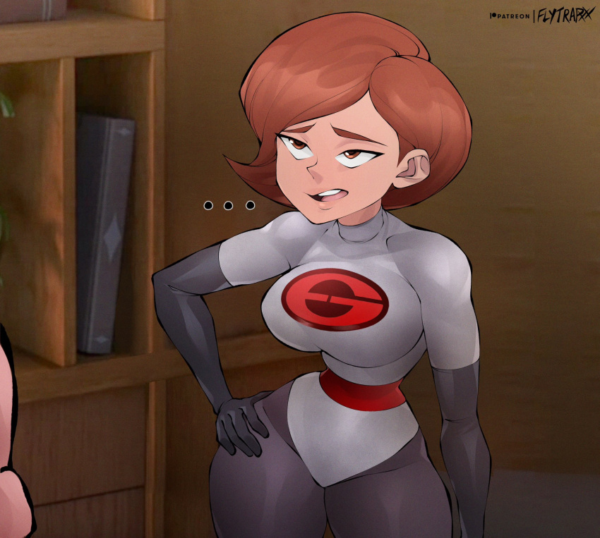 ... 1girl black_gloves bodysuit breasts brown_eyes brown_hair elbow_gloves flytrapxx gloves grey_bodysuit helen_parr highres large_breasts latex latex_gloves mature_female short_hair skin_tight superhero the_incredibles