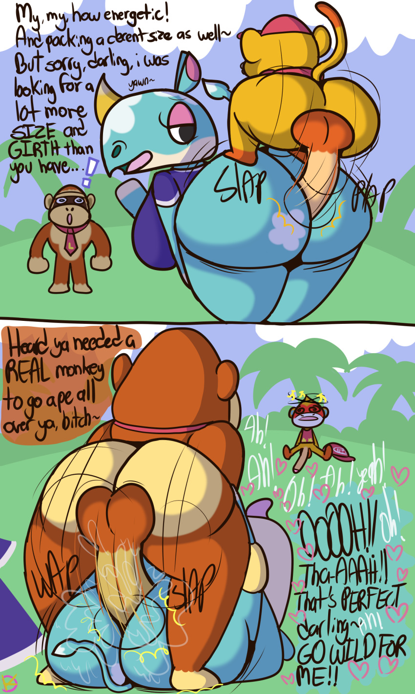 ambiguous_penetration animal_crossing anthro ape azalea_(animal_crossing) big_breasts big_butt breasts bubble_butt butt cosplay cuckold female from_front_position genitals gorilla group haplorhine hi_res instant_loss_2koma klutzatdusk louie_(animal_crossing) male male/female male_on_top mammal mating_press monkey nintendo on_top penetration penis penis_size_comparison penis_size_difference primate raised_tail rhinoceros riding sex simon_(animal_crossing) size_difference small_but_hung tail tongue tongue_out trio unimpressed