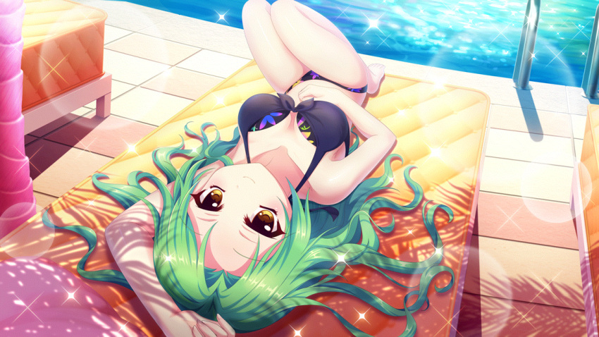 1girl arm_up bare_legs barefoot bikini black_bikini breasts cleavage closed_mouth collarbone dot_nose film_grain floral_print forehead front-tie_bikini_top front-tie_top game_cg green_hair hand_on_own_stomach izumi_tsubasu layered_bikini lens_flare long_hair looking_at_viewer lying mattress medium_breasts non-web_source official_art on_back poolside print_bikini re:stage! shirokita_kuroha smile solo sparkle swimsuit tile_floor tiles yellow_eyes