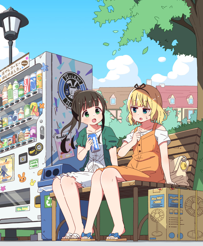 2girls aqua_eyes arrow_(symbol) bench black_hair blonde_hair blue_sky blunt_bangs can cloud cloudy_sky day dress eyelashes full_body gochuumon_wa_usagi_desu_ka? green_eyes green_jacket hair_ribbon hand_up highres holding jacket kirima_syaro knees_together_feet_apart lamppost long_hair medium_hair mohei multiple_girls orange_dress outdoors ponytail recycle_bin recycling_symbol ribbon sandals shadow short_sleeves sidelocks sitting sky sweatdrop toes tree ujimatsu_chiya vending_machine