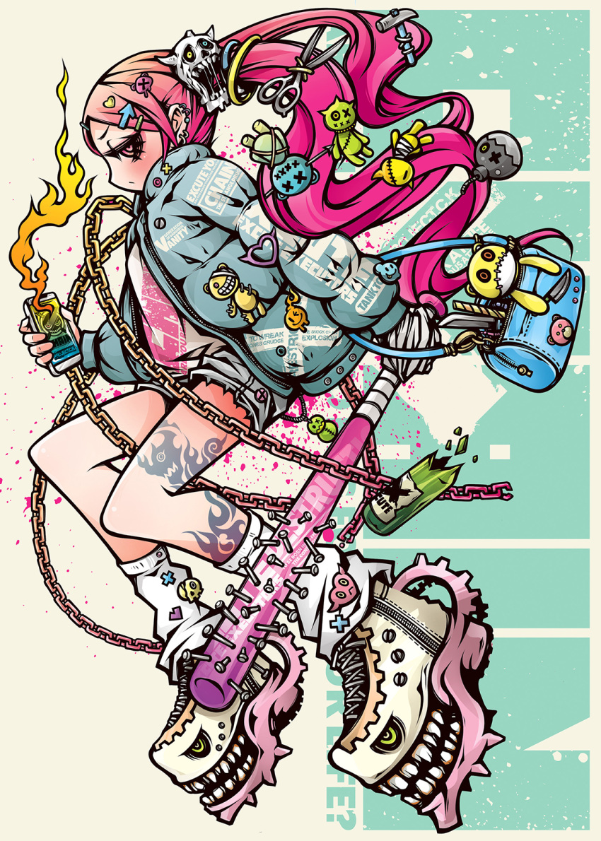 1girl artist_name baseball_bat belt_chain bracelet cellphone chain decora english_text engrish_text fire highres jewelry lock nail nail_bat original padlock phone pink_hair profanity project.c.k. punk ranguage skull smartphone tattoo thumb_ring twintails unmoving_pattern