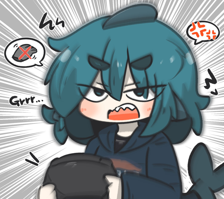 1girl anger_vein blue_eyes blue_hair blue_hoodie blurry blush chibi commentary_request controller fins fish_tail fuka-chan game_controller highres holding hood hood_down hoodie looking_at_viewer open_mouth original shark_tail sharp_teeth short_eyebrows solo spoken_anger_vein tail teeth thick_eyebrows uni_souchou upper_body v-shaped_eyebrows