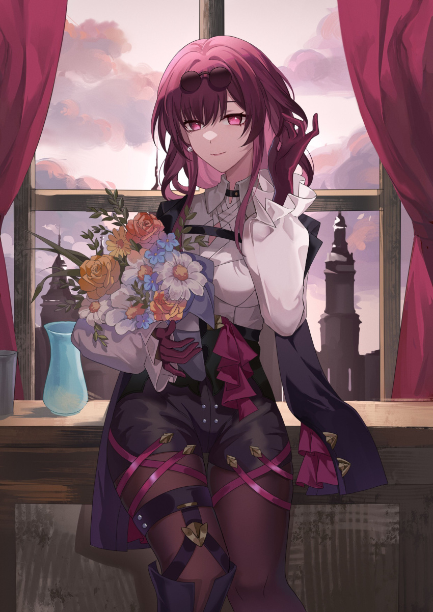 1girl absurdres black_choker black_footwear black_jacket black_shorts boots bouquet building chest_strap choker cloud curtains day earrings eyewear_on_head feet_out_of_frame flower frilled_sleeves frills gloves hair_tucking hand_up highres holding holding_bouquet honkai:_star_rail honkai_(series) jacket jacket_on_shoulders jewelry kafka_(honkai:_star_rail) knee_boots leaf leaning legwear_garter long_sleeves looking_at_viewer medium_hair pantyhose purple_eyes purple_gloves purple_hair purple_pantyhose rose round_eyewear shirt shorts sidelocks single_earring sky smile solo sunglasses vase white_flower white_shirt window xuan_xuan_xuan_za yellow_flower yellow_rose