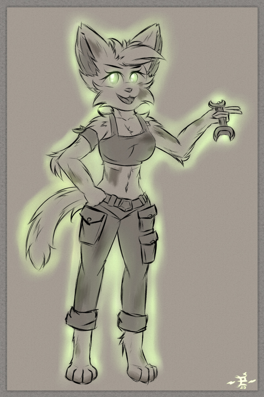 2020 absurd_res anthro arm_tuft armband bottomwear breasts cheek_tuft clothing denim denim_clothing domestic_cat elbow_tuft facial_tuft felid feline felis female fironmaplez_(artist) fluffy fluffy_tail glowing glowing_eyes green_eyes hi_res inner_ear_fluff jeans katie_lee_(fironmaplez) mammal mechanic navel open_mouth pants paw_tuft shoulder_tuft sketch solo tail tools topwear tuft wrench