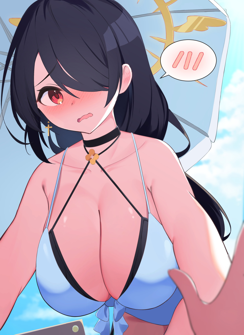 1girl absurdres bare_arms bare_shoulders beach_umbrella black_choker black_hair blue_archive blue_sky blush breasts choker cleavage cloud cloudy_sky collarbone commentary_request cross cross_earrings day ear_blush earrings hair_over_one_eye halo highres hinata_(blue_archive) jewelry large_breasts latin_cross long_hair nose_blush one-piece_swimsuit open_mouth outdoors red_eyes roido_(taniko-t-1218) sky solo spoken_blush swimsuit umbrella very_long_hair wavy_mouth white_one-piece_swimsuit white_umbrella