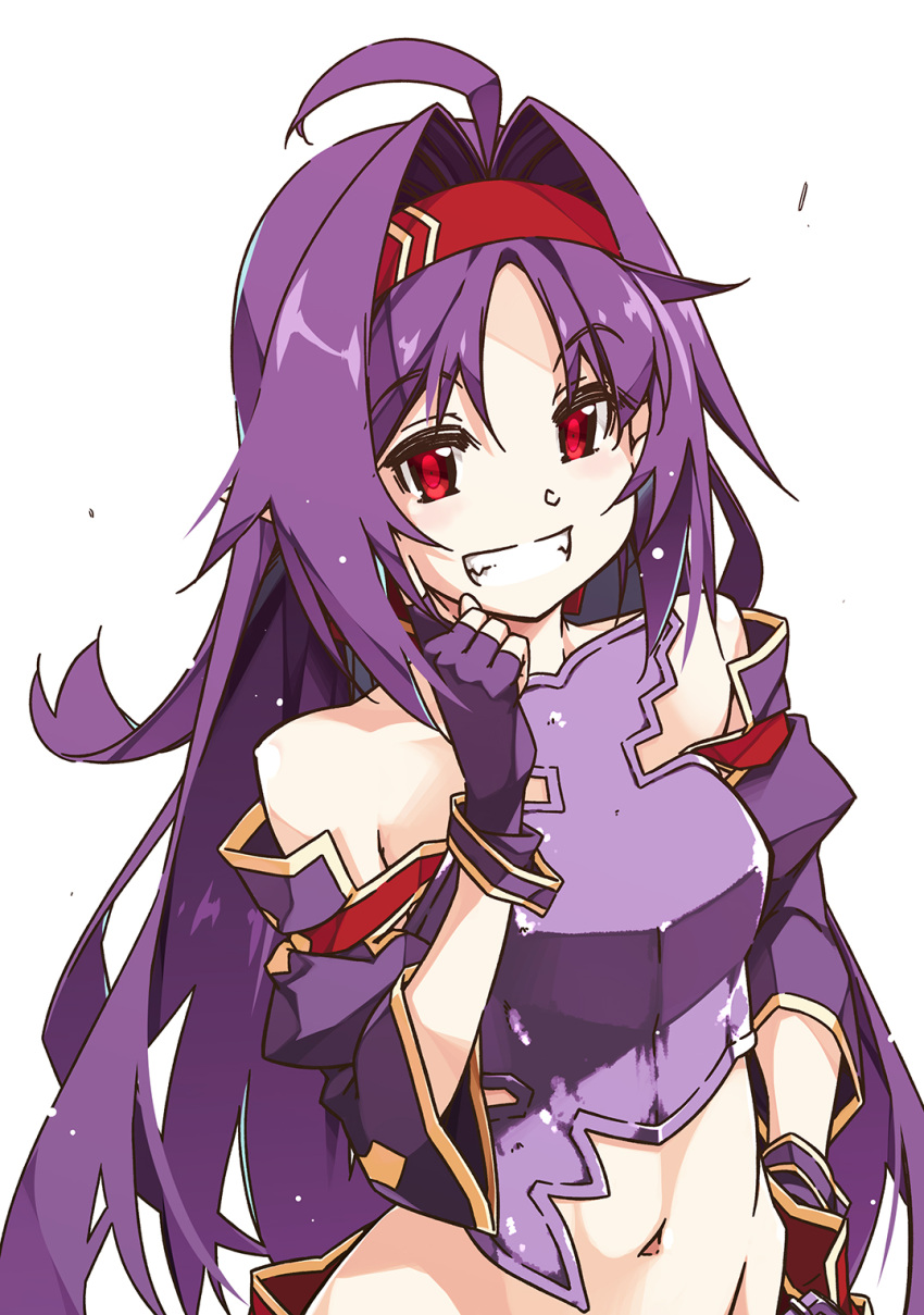 1girl :d ahoge armor bare_shoulders blush clenched_hand cowboy_shot detached_sleeves gloves grin groin hair_intakes hairband hand_on_own_hip headband highres long_hair looking_at_viewer navel open_mouth purple_gloves purple_hair red_eyes red_hairband shikei simple_background sleeveless smile solo sword_art_online teeth upper_body very_long_hair white_background yuuki_(sao)