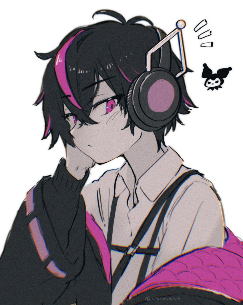 1boy black_hair black_jacket collared_shirt fragaria_memories headphones highres jacket kurode_(fragaria_memories) kuromi male_focus multicolored_clothes multicolored_hair multicolored_jacket onegai_my_melody pink_eyes pink_hair pink_jacket sanrio shirt short_hair solo suspenders unya_(unyaunia) white_shirt