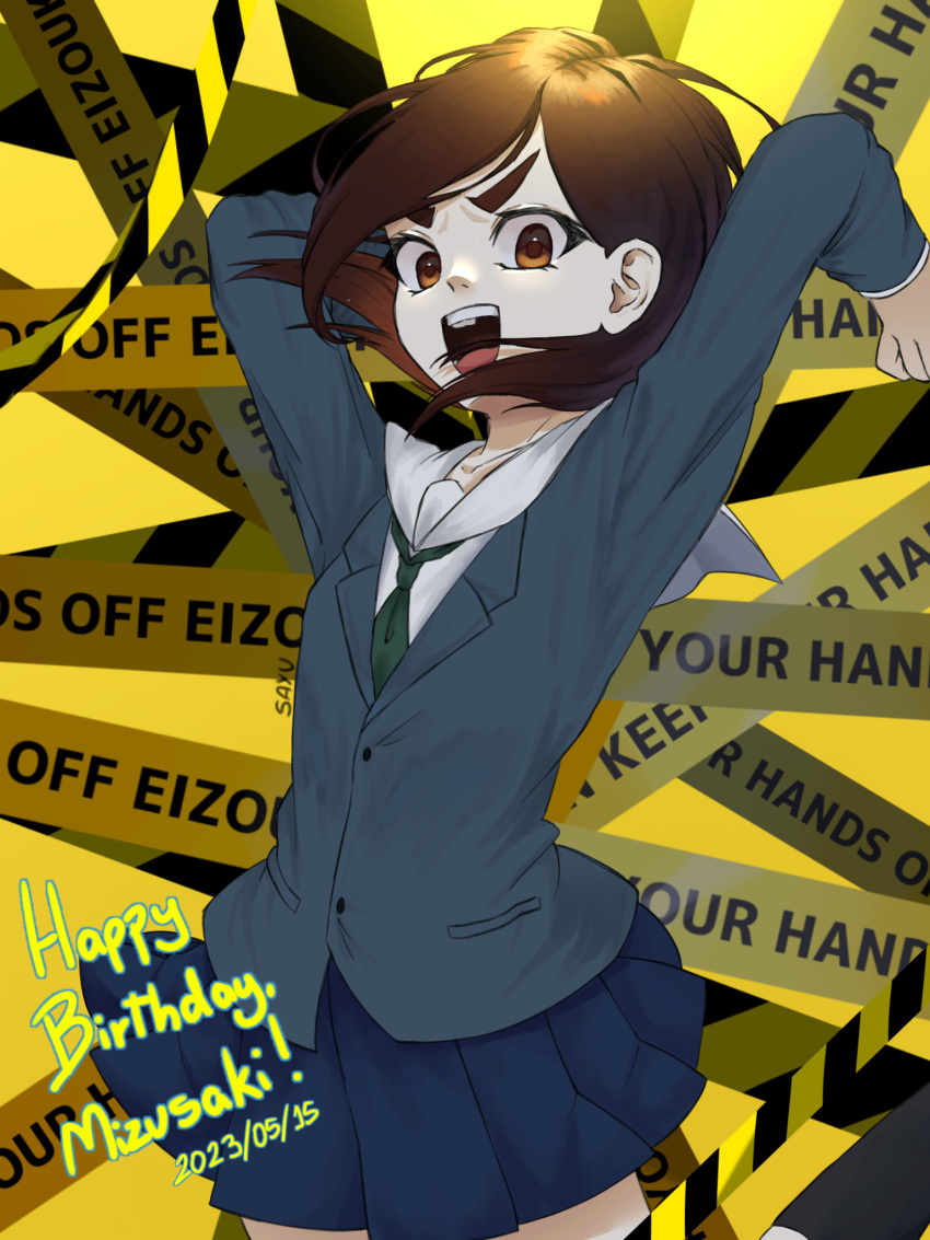 1girl :d arms_up artist_name birthday blue_jacket blue_skirt bob_cut breasts brown_eyes brown_hair caution_tape chapeudaasakusa character_name character_signature clothes_lift commentary dated eizouken_ni_wa_te_wo_dasu_na! english_commentary english_text excited floating_hair green_necktie happy_birthday highres inverted_bob jacket jumping looking_at_viewer messy_hair mizusaki_tsubame necktie open_mouth pleated_skirt sailor_collar school_uniform shirt short_hair skirt skirt_lift small_breasts smile solo swept_bangs teeth thick_eyebrows upper_teeth_only v-shaped_eyebrows white_sailor_collar white_shirt yellow_background