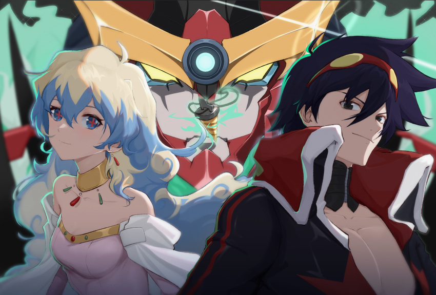 +_+ 1boy 1girl ayami_(user_gywv2483) bare_shoulders black_eyes black_hair blonde_hair blue_hair dress drill earrings goggles goggles_on_head gurren-lagann hair_between_eyes highres jacket jewelry looking_at_viewer mecha multicolored_hair necklace nia_teppelin off-shoulder_dress off_shoulder open_clothes open_jacket pink_dress robot simon_(ttgl) smile tengen_toppa_gurren_lagann topless_male two-tone_hair upper_body