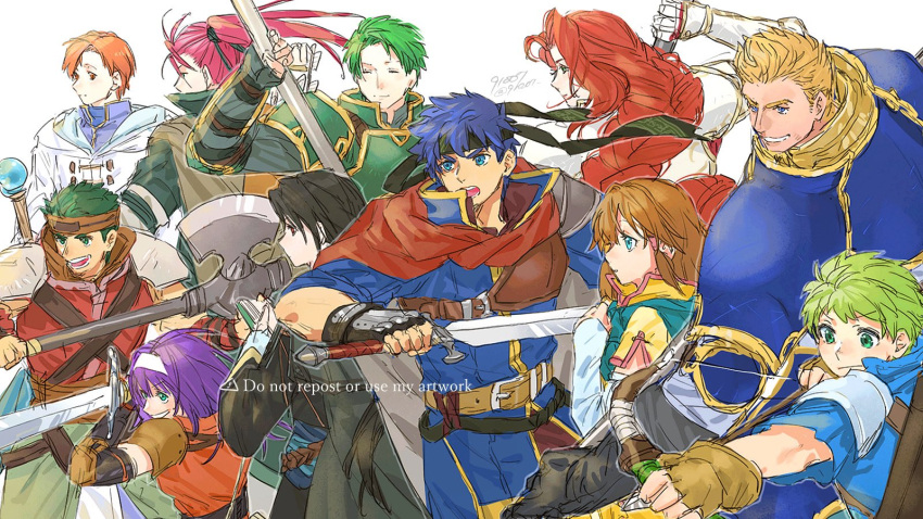 3girls 6+boys 91007 aqua_eyes armor artist_name axe battle_axe belt belt_buckle black_hair blonde_hair blue_armor blue_eyes blue_hair boyd_(fire_emblem) braid brown_hair buckle cape fire_emblem fire_emblem:_path_of_radiance gatrie_(fire_emblem) green_armor green_hair grin highres holding holding_axe holding_sword holding_weapon ike_(fire_emblem) long_hair mia_(fire_emblem) mist_(fire_emblem) multiple_boys multiple_girls open_mouth orange_hair oscar_(fire_emblem) pink_hair purple_hair red_eyes red_hair rhys_(fire_emblem) rolf_(fire_emblem) shinon_(fire_emblem) short_hair shoulder_armor simple_background single_braid smile soren_(fire_emblem) staff sword teeth titania_(fire_emblem) twitter_username v-shaped_eyebrows weapon white_background