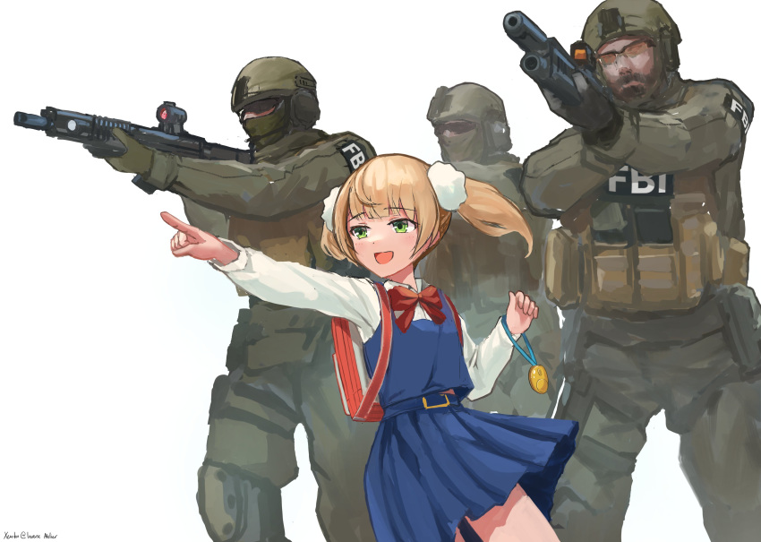 1girl 3boys :d absurdres ammunition_pouch artist_name backpack bag beard belt black_gloves blonde_hair blue_belt blue_skirt blue_vest bow bowtie bulletproof_vest combat_helmet commentary_request crime_prevention_buzzer facial_hair fbi gloves goggles green_eyes green_gloves gun helmet highres holding holding_gun holding_weapon indie_virtual_youtuber mario_(inverse_atelier) military_operator military_uniform multiple_boys open_mouth optical_sight orange-tinted_eyewear patch pointing pouch randoseru red_bag red_bow red_bowtie shigure_ui_(vtuber) shigure_ui_(young)_(vtuber) shirt shukusei!!_loli-gami_requiem skirt smile tinted_eyewear twintails twitter_username uniform vest weapon weapon_request white_shirt