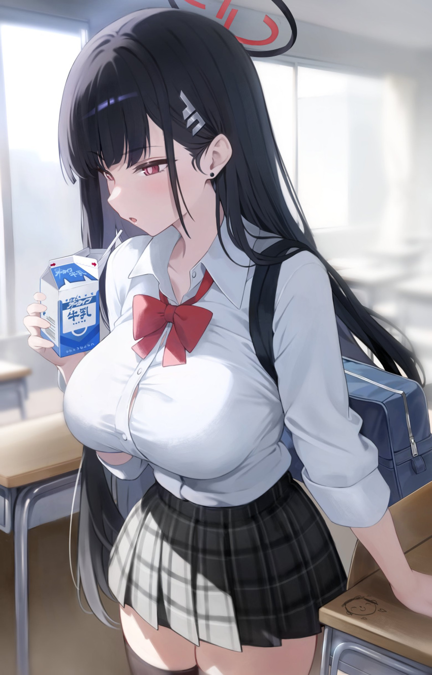 1girl absurdres black_hair blue_archive bottle bow bowtie breasts classroom hair_ornament hairclip halo highres holding indoors large_breasts long_hair long_sleeves milk_carton preview_(preview0) red_bow red_bowtie red_eyes rio_(blue_archive) school_uniform shirt skirt solo thighhighs thighs white_shirt