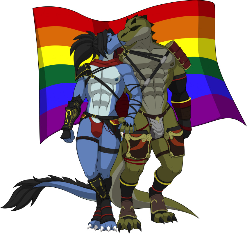 2023 absurd_res alligator alligatorid alpha_channel anthro armor beard belt black_beard black_hair black_mustache blue_body buckle clothing codpiece crocodilian cuisse digital_media_(artwork) dragon duo eyes_closed facial_hair flag_(object) green_body green_scales hair hand_holding hi_res kissing legband lgbt_pride male male/male muscular muscular_anthro muscular_male mustache nipples pride_colors rainuja red_clothing red_scarf red_speedo red_swimwear reptile sabatons scales scalie scarf schynbalds sek-raktaa simple_background sparksstars spaulder speedo standing straps swimwear tail tail_tuft teeth_showing thighband transparent_background tuft unconvincing_armor vambrace white_body