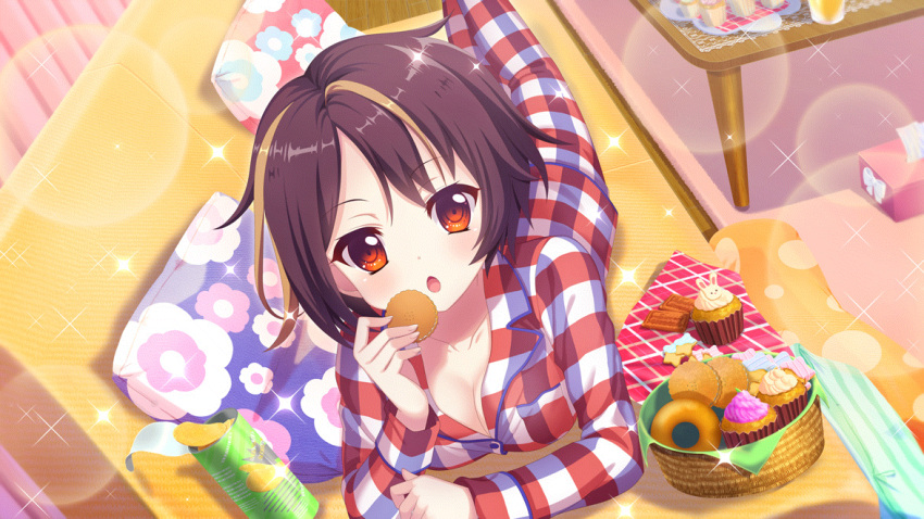 1girl bandou_mikuru basket blonde_hair breasts brown_hair chips_(food) cleavage collarbone cookie couch cup cupcake dot_nose doughnut drinking_glass dutch_angle eating film_grain floral_print food game_cg holding holding_cookie holding_food icing izumi_tsubasu lens_flare long_sleeves looking_at_viewer lying medium_breasts multicolored_hair napkin non-web_source official_art on_couch on_stomach open_mouth orange_juice pillow plaid_pajamas potato_chips re:stage! red_eyes rug short_hair solo sparkle streaked_hair table tissue_box two-tone_hair wooden_floor wooden_table