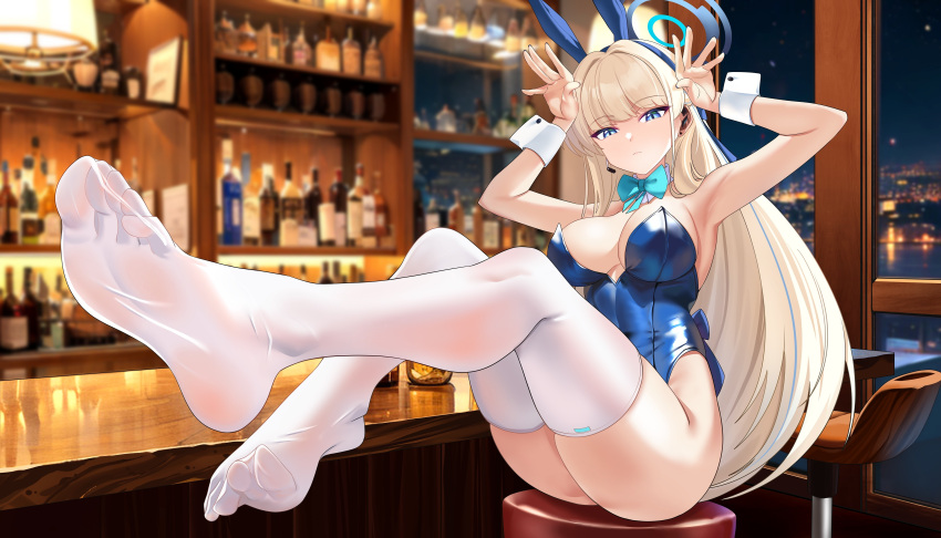 1girl absurdres animal_ears armpits arms_up bar_(place) bare_arms bare_shoulders blonde_hair blue_archive blue_eyes blue_halo blue_leotard bottle breasts cleavage closed_mouth fake_animal_ears full_body halo highleg highleg_leotard highres indoor large_breasts leotard long_hair looking_at_viewer otakueden1995 playboy_bunny rabbit_ears sitting thighhighs thighs toki_(blue_archive) toki_(bunny)_(blue_archive) white_thighhighs wrist_cuffs