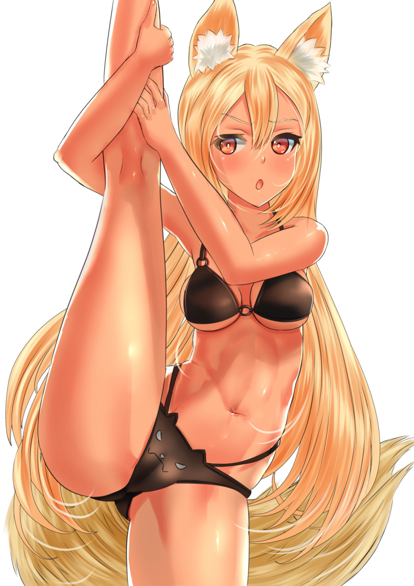 1girl abs animal_ear_fluff animal_ears black_bra black_panties blonde_hair blush bra breasts cameltoe cat_ear_panties commentary commission cowboy_shot dark-skinned_female dark_skin front-print_panties frown halterneck highres kein_hasegawa kneepits leg_hold leg_up long_hair looking_at_viewer medium_breasts multi-strapped_panties navel o-ring open_mouth original panties print_panties red_eyes solo split standing standing_on_one_leg standing_split tail underwear underwear_only very_long_hair wolf_ears wolf_girl wolf_tail