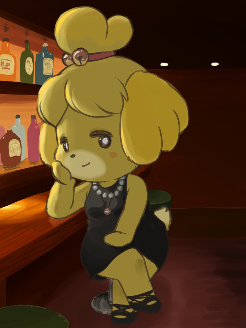 accessory alcohol animal_crossing anthro bar bar_stool bell beverage black_clothing black_dress black_footwear black_shoes blonde_hair bottle canid canine canis clothed clothing container crossed_legs digital_media_(artwork) domestic_dog dress female footwear fur furniture gem hair hair_accessory hair_bell hand_on_face hand_on_leg hi_res inside isabelle_(animal_crossing) jewelry looking_at_viewer mammal necklace nintendo pearl_(gem) pearl_necklace rakugaken shelf shih_tzu sitting smile smiling_at_viewer solo stool tail toy_dog yellow_body yellow_fur