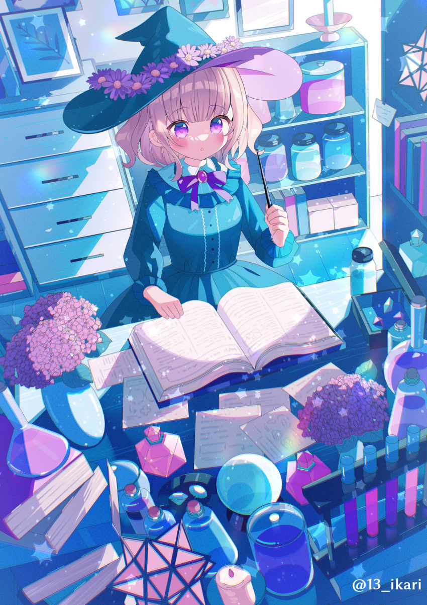 1girl :o blue_dress blue_headwear blush book bow brown_hair collared_shirt commentary_request dress flask flower hat hat_flower highres holding holding_wand ikari_(aor3507) indoors long_sleeves open_book original parted_lips pink_flower puffy_long_sleeves puffy_sleeves purple_bow purple_eyes purple_flower round-bottom_flask shirt solo star_(symbol) twitter_username vase vial wand white_shirt witch_hat