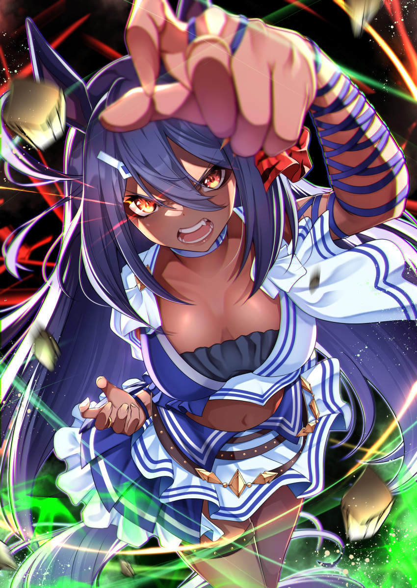 1girl absurdres animal_ears bare_shoulders black_hair blue_skirt breasts cleavage commentary_request dark-skinned_female dark_skin fingernails hero_(10cl3) highres hishi_amazon_(umamusume) horse_ears horse_girl horse_tail looking_at_viewer medium_breasts open_mouth partial_commentary red_eyes sharp_fingernails shirt skirt sleeveless sleeveless_shirt solo tail teeth thigh_strap two-tone_skirt umamusume white_shirt white_skirt