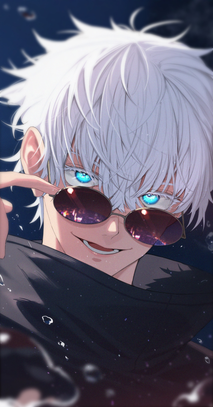 1boy absurdres aqua_eyes black_jacket gojou_satoru high_collar highres jacket jujutsu_kaisen jujutsu_tech_uniform kyudong. looking_at_viewer open_mouth reflection round_eyewear short_hair smile solo sunglasses white_hair